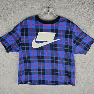 Nike NSW Women's Medium Plaid Blue Shirt Top CJ7666-480